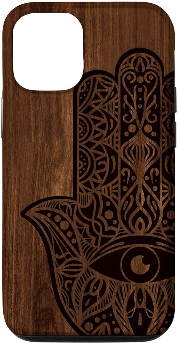 iPhone 12/12 Pro Hamsa Hand of Fatima Evil Eye Mandala Wood Engraved Pattern Case