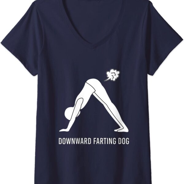 Womens Downward Farting Dog Funny Yoga Fart Downdog V-Neck T-Shirt